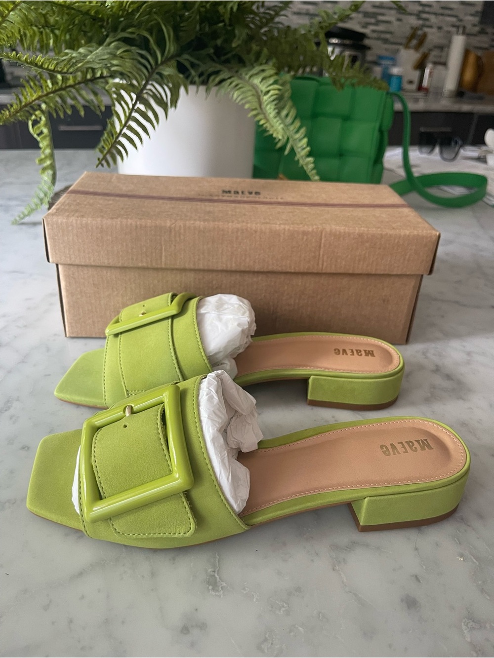 Maeve Lime Green Suede Buckle Slide Mules Size 8